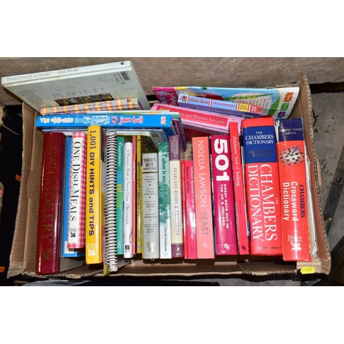 415 - SEVEN BOXES OF ASSORTED BOOKS, including novels, cookery books, DIY books, motoring interest etc, ap... 