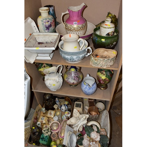 416 - TWO BOXES AND LOOSE MISCELLANEOUS COLLECTION OF MOSTLY CERAMICS, including a cream ware pierced tray... 