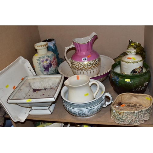 416 - TWO BOXES AND LOOSE MISCELLANEOUS COLLECTION OF MOSTLY CERAMICS, including a cream ware pierced tray... 