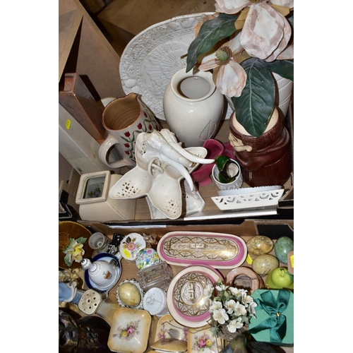 416 - TWO BOXES AND LOOSE MISCELLANEOUS COLLECTION OF MOSTLY CERAMICS, including a cream ware pierced tray... 