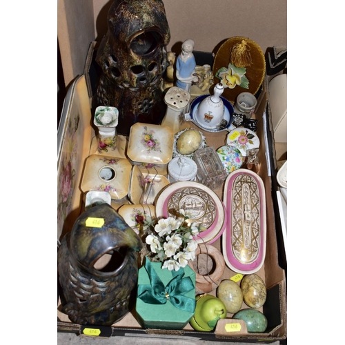 416 - TWO BOXES AND LOOSE MISCELLANEOUS COLLECTION OF MOSTLY CERAMICS, including a cream ware pierced tray... 