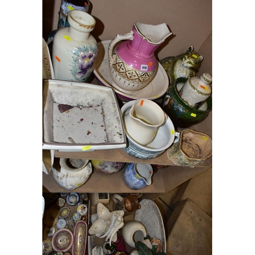 416 - TWO BOXES AND LOOSE MISCELLANEOUS COLLECTION OF MOSTLY CERAMICS, including a cream ware pierced tray... 