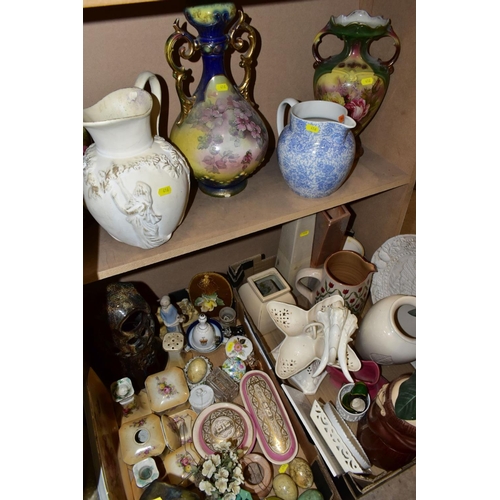 416 - TWO BOXES AND LOOSE MISCELLANEOUS COLLECTION OF MOSTLY CERAMICS, including a cream ware pierced tray... 