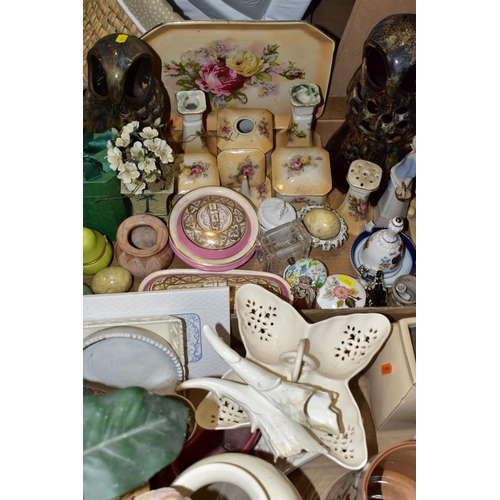 416 - TWO BOXES AND LOOSE MISCELLANEOUS COLLECTION OF MOSTLY CERAMICS, including a cream ware pierced tray... 