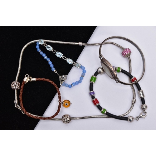 42 - FOUR BRACELETS AND NECKLET, to include a white metal slider bracelet set with five oval cut blue top... 