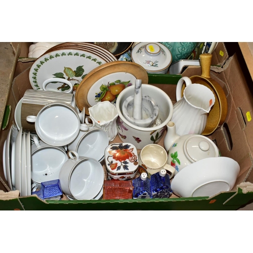 421 - TWO BOXES OF ASSORTED CERAMICS etc to include a Charlotte Rhead charger ref 4319, Portmeirion Botani... 