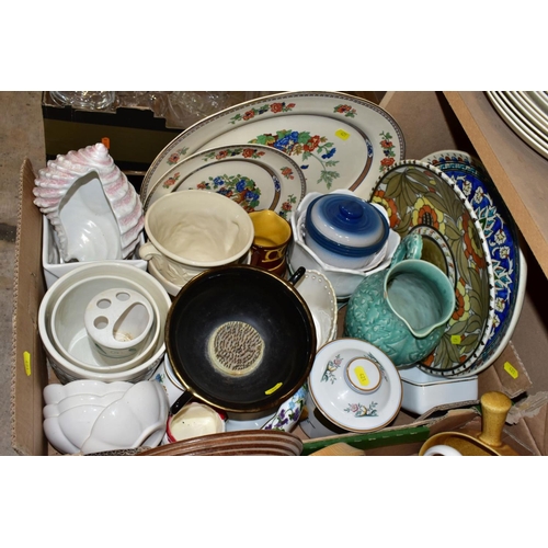 421 - TWO BOXES OF ASSORTED CERAMICS etc to include a Charlotte Rhead charger ref 4319, Portmeirion Botani... 