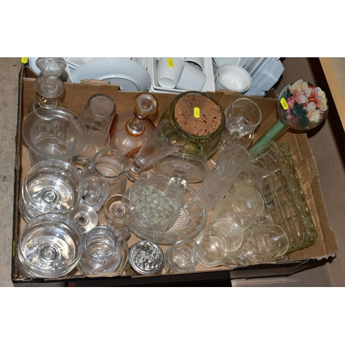 422 - TWO BOXES AND LOOSE CERAMICS, GLASSWARE AND STUDIO POTTERY to include a box of (mostly Sainsburys) w... 