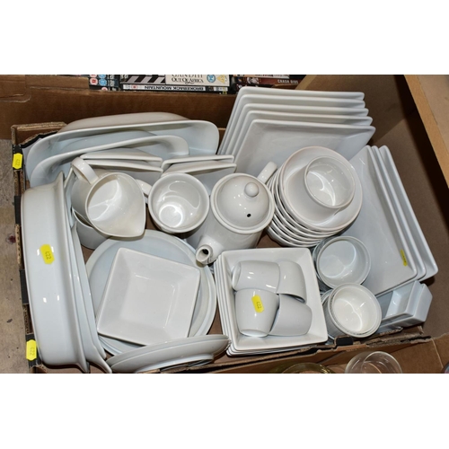 422 - TWO BOXES AND LOOSE CERAMICS, GLASSWARE AND STUDIO POTTERY to include a box of (mostly Sainsburys) w... 