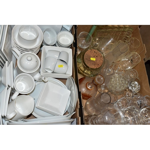 422 - TWO BOXES AND LOOSE CERAMICS, GLASSWARE AND STUDIO POTTERY to include a box of (mostly Sainsburys) w... 