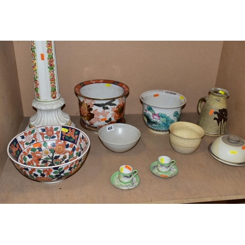 422 - TWO BOXES AND LOOSE CERAMICS, GLASSWARE AND STUDIO POTTERY to include a box of (mostly Sainsburys) w... 