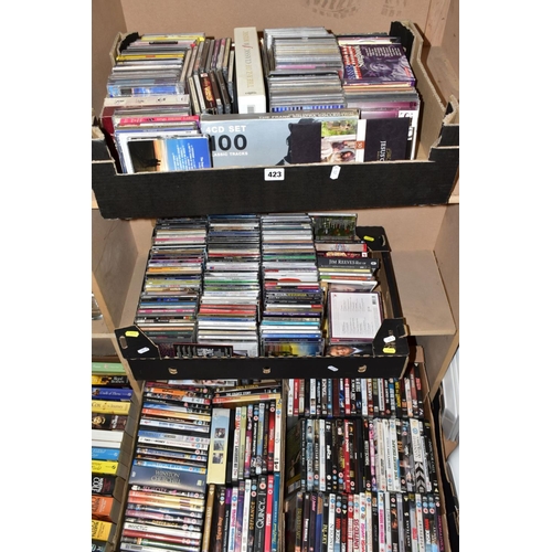 423 - FOUR BOXES OF DVD'S AND CD'S, the DVD'S include 'Slumdog Millionaire', 'Braveheart', 'Winston Church... 