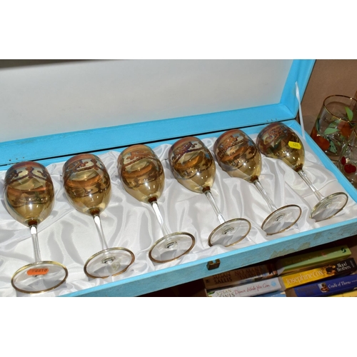 424 - A GROUP OF GLASSWARE, including a boxed set of six Crystallera F.lli Fumo wine glasses, one set bein... 