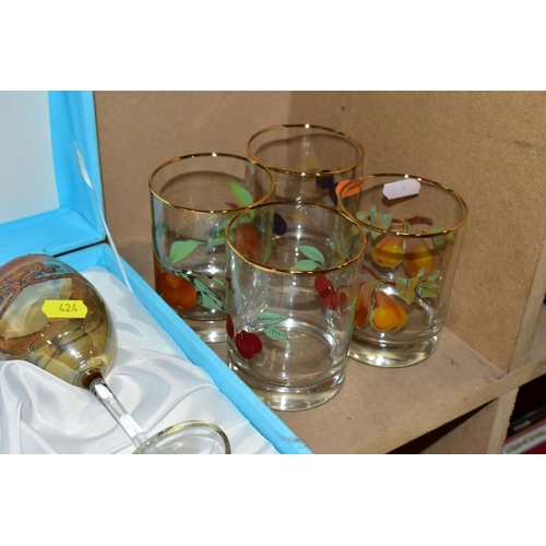 424 - A GROUP OF GLASSWARE, including a boxed set of six Crystallera F.lli Fumo wine glasses, one set bein... 