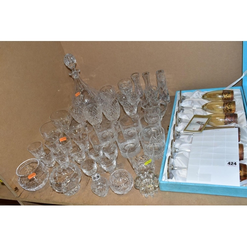 424 - A GROUP OF GLASSWARE, including a boxed set of six Crystallera F.lli Fumo wine glasses, one set bein... 