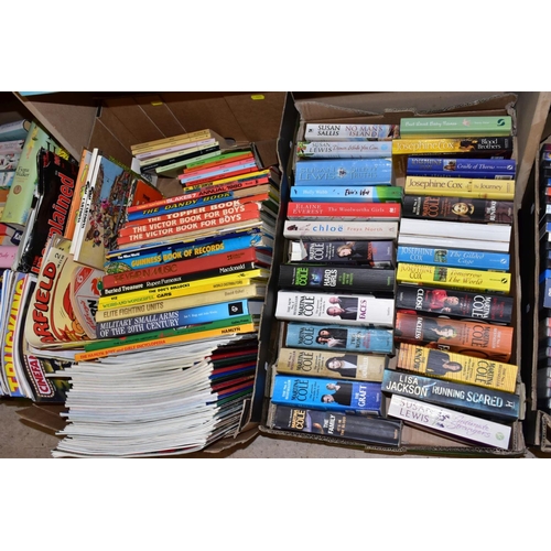 425 - FOUR BOXES OF BOOKS, MAGAZINES AND A FRAMED AND GLAZED PRINT OF LITTLE MISS MUFFET, the books includ... 