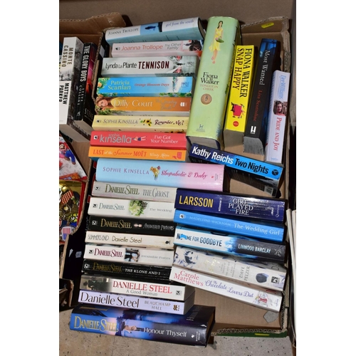 425 - FOUR BOXES OF BOOKS, MAGAZINES AND A FRAMED AND GLAZED PRINT OF LITTLE MISS MUFFET, the books includ... 