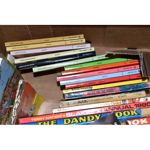 425 - FOUR BOXES OF BOOKS, MAGAZINES AND A FRAMED AND GLAZED PRINT OF LITTLE MISS MUFFET, the books includ... 