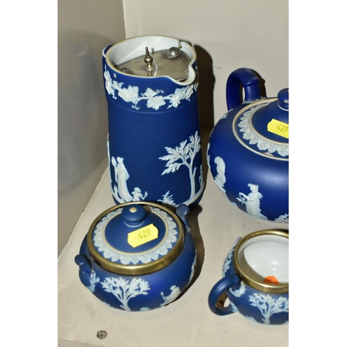 429 - A GROUP OF ASSORTED ITEMS,  including Wedgwood jasperware tea pot (lid has chips), hot water jug, su... 