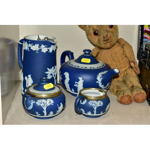 429 - A GROUP OF ASSORTED ITEMS,  including Wedgwood jasperware tea pot (lid has chips), hot water jug, su... 