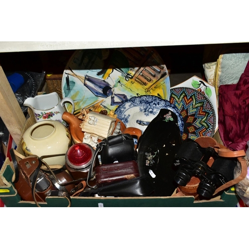 430 - THREE BOXES AND LOOSE MISCELLANEOUS CERAMICS, KITCHENALIA, TEXTILES, ETC, including curtain fabric a... 