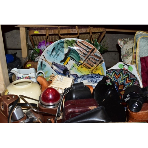 430 - THREE BOXES AND LOOSE MISCELLANEOUS CERAMICS, KITCHENALIA, TEXTILES, ETC, including curtain fabric a... 