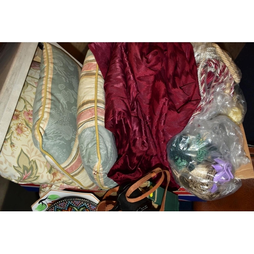 430 - THREE BOXES AND LOOSE MISCELLANEOUS CERAMICS, KITCHENALIA, TEXTILES, ETC, including curtain fabric a... 