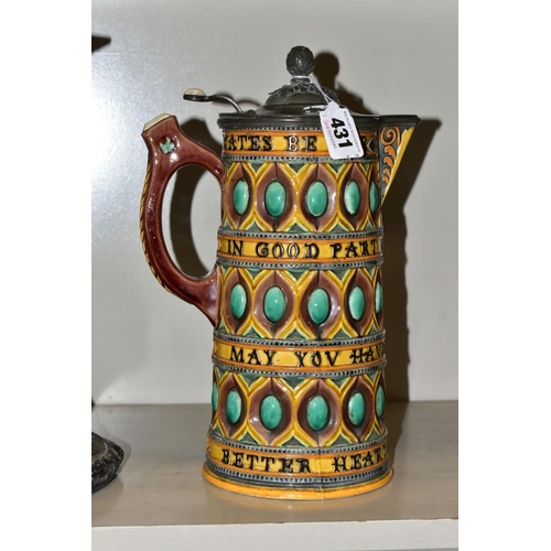 431 - A WEDGWOOD MAJOLICA BEER JUG, having pewter cover 'WHAT THOU MY GATES BE POOR TAKE THEM IN GOOD PART... 