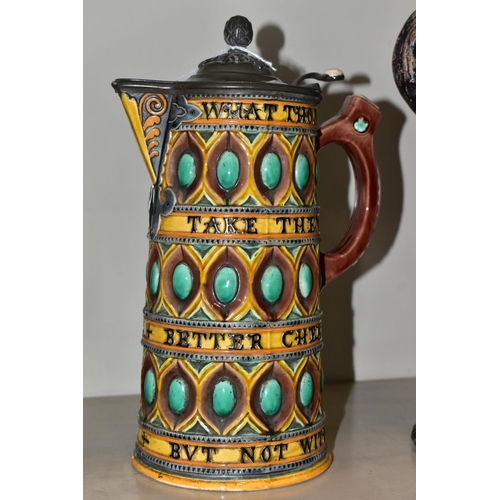 431 - A WEDGWOOD MAJOLICA BEER JUG, having pewter cover 'WHAT THOU MY GATES BE POOR TAKE THEM IN GOOD PART... 