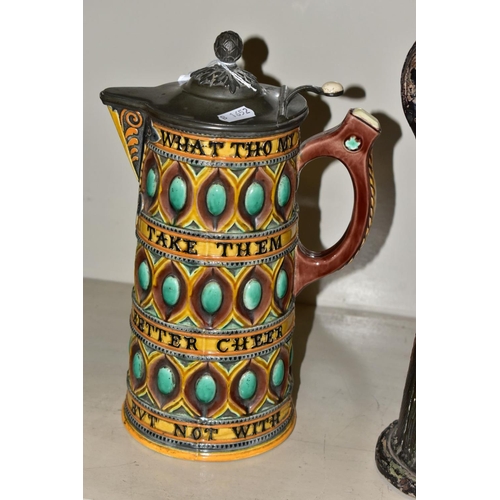 431 - A WEDGWOOD MAJOLICA BEER JUG, having pewter cover 'WHAT THOU MY GATES BE POOR TAKE THEM IN GOOD PART... 