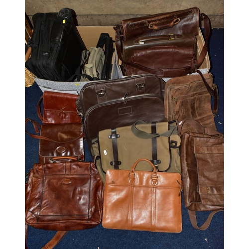 434 - TWO BOXES OF BAGS AND A CASE, including a small travel case with wheels, assorted bags, mostly leath... 