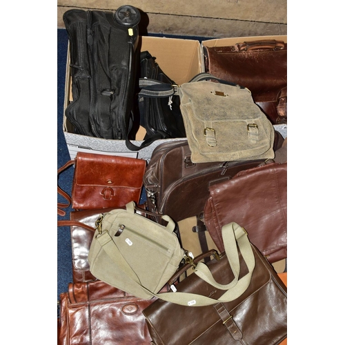 434 - TWO BOXES OF BAGS AND A CASE, including a small travel case with wheels, assorted bags, mostly leath... 