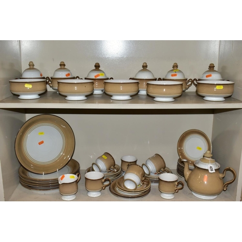 435 - DENBY SEVILLE PART DINNER AND TEA SERVICE, comprising six twin handled soup bowls and covers, five d... 