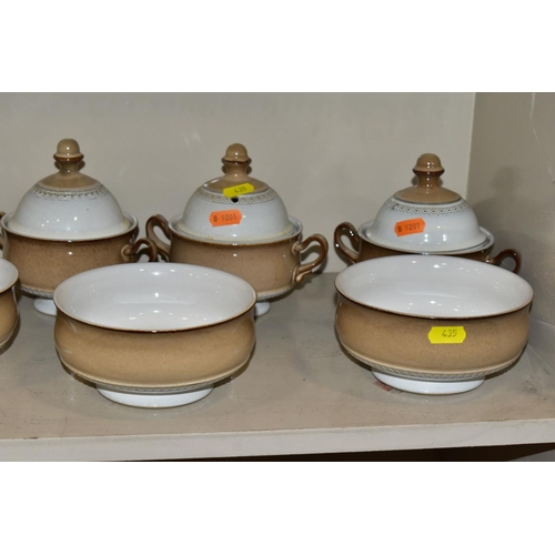 435 - DENBY SEVILLE PART DINNER AND TEA SERVICE, comprising six twin handled soup bowls and covers, five d... 