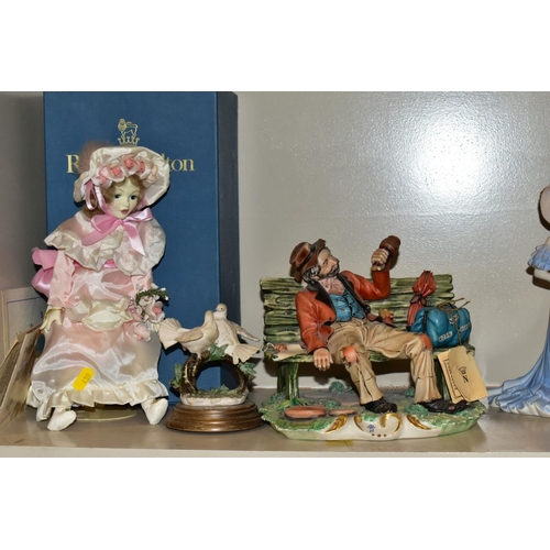 439 - A GROUP OF CERAMIC FIGURES AND ORNAMENTS, including Capo Di Monte tramp on a bench, elderly couple, ... 