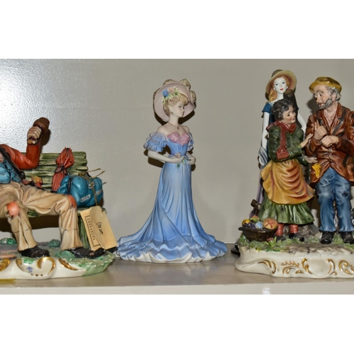 439 - A GROUP OF CERAMIC FIGURES AND ORNAMENTS, including Capo Di Monte tramp on a bench, elderly couple, ... 