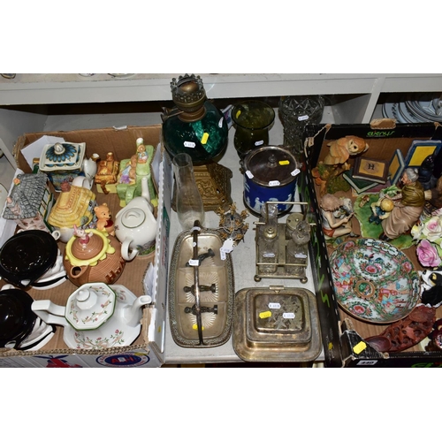 440 - TWO BOXES AND LOOSE OF CERAMICS, GLASS AND METALWARE, including a Chinese Famille rose  bowl,(chip a... 