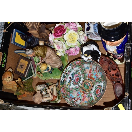 440 - TWO BOXES AND LOOSE OF CERAMICS, GLASS AND METALWARE, including a Chinese Famille rose  bowl,(chip a... 