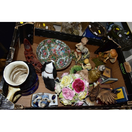 440 - TWO BOXES AND LOOSE OF CERAMICS, GLASS AND METALWARE, including a Chinese Famille rose  bowl,(chip a... 