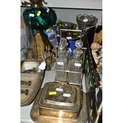 440 - TWO BOXES AND LOOSE OF CERAMICS, GLASS AND METALWARE, including a Chinese Famille rose  bowl,(chip a... 