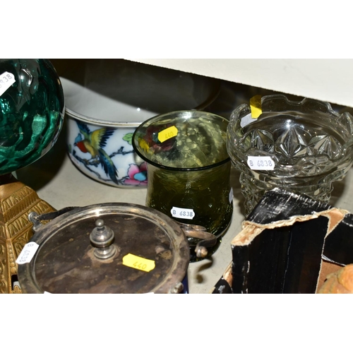 440 - TWO BOXES AND LOOSE OF CERAMICS, GLASS AND METALWARE, including a Chinese Famille rose  bowl,(chip a... 