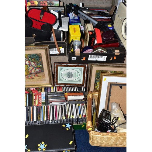 441 - THREE BOXES AND A BASKET OF SUNDRY ITEMS, to include Bush retro style radio, a Goodmans DAB radio, t... 