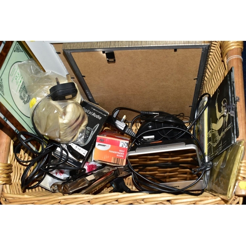 441 - THREE BOXES AND A BASKET OF SUNDRY ITEMS, to include Bush retro style radio, a Goodmans DAB radio, t... 