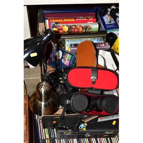 441 - THREE BOXES AND A BASKET OF SUNDRY ITEMS, to include Bush retro style radio, a Goodmans DAB radio, t... 