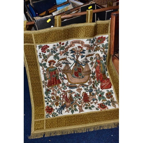 444 - THREE BOXES AND LOOSE SUNDRY ITEMS, to include a machine woven French coat of arms 80cm x 72cm (not ... 