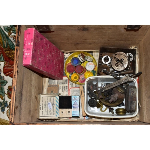 444 - THREE BOXES AND LOOSE SUNDRY ITEMS, to include a machine woven French coat of arms 80cm x 72cm (not ... 