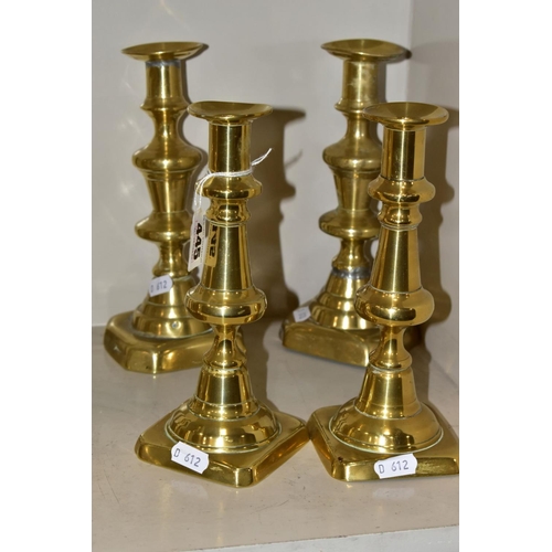 445 - SIX NEAR PAIRS OF BRASS CANDLESTICKS, tallest height 21.5cm (12)