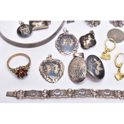 45 - A BAG OF ASSORTED WHITE METAL JEWELLERY, to include twelve rings of various designs, a pair of '14k ... 