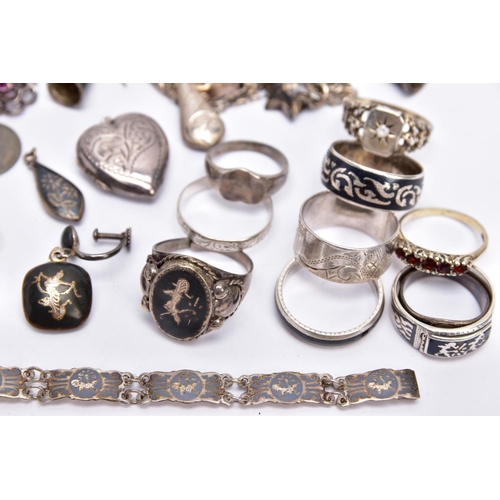 45 - A BAG OF ASSORTED WHITE METAL JEWELLERY, to include twelve rings of various designs, a pair of '14k ... 