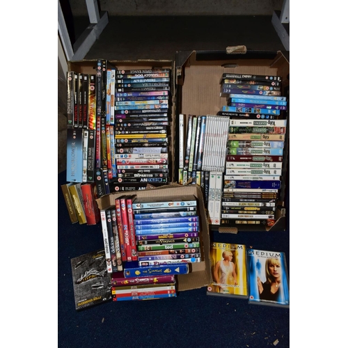 451 - THREE BOXES OF DVDS, to include C.S.I. Miami Seasons One, Dexter seasons 1-5, Lois & Clarke seasons ... 